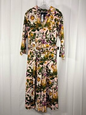 NWT SAMANTHA SUNG Floral Button-Front Midi Dress with Belt & Sash- Pink/Green 12